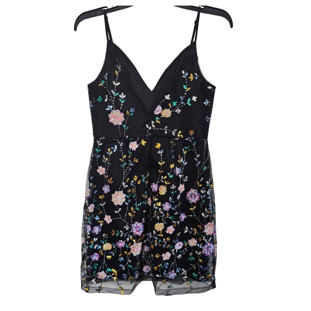 Lulus Black Floral Sequin‎ Mesh Romper V-Neck Sleeveless Jumpsuit Womens Medium